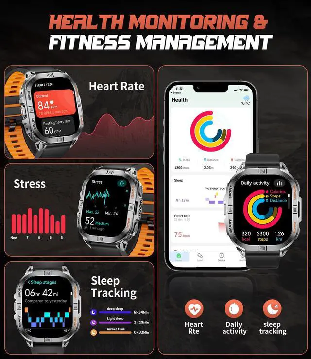 Alt view image 6 of 7 - GPS Military Smart Watch for Men(Answer/Call), 2.13'' Smartwatch,60 Days Battery,6 Satellite Positioning/Compass,5 ATM Fitness Tracker with Flashlight/Heart Rate/Sleep/100+ Sport Modes for Android/iOS