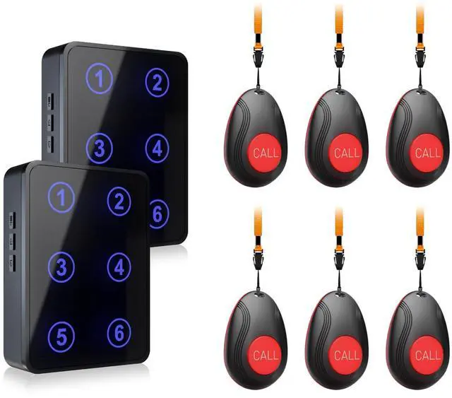 CallToU Wireless Call Button Caregiver Pager Nurse Call System for Elderly/Patients at Home/Hospital with Voice Announcements and LED Number Display (6 Waterproof Call Button & 2 Receiver)