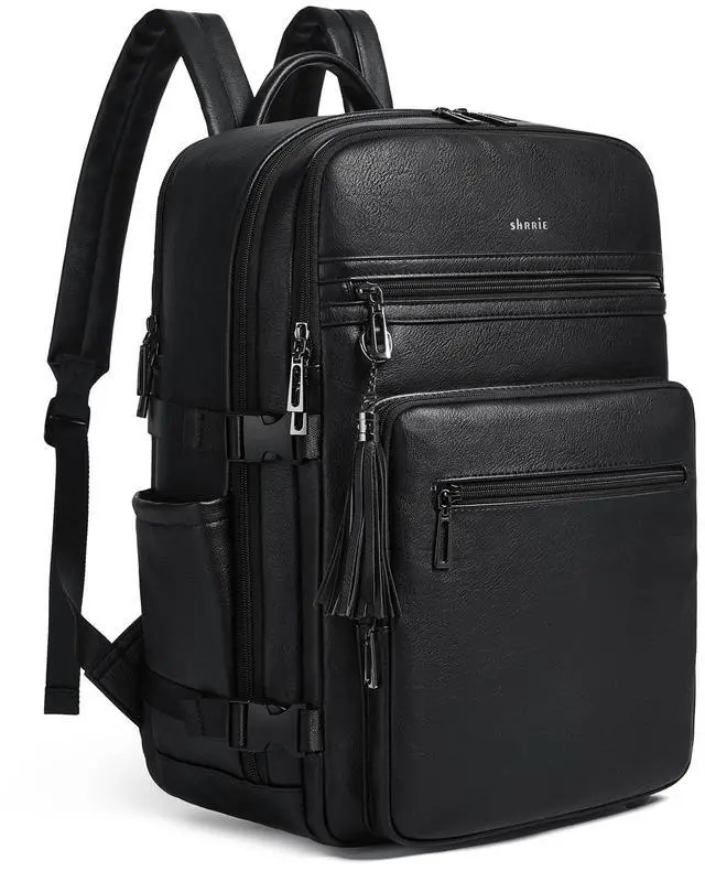 Main image of Shrrie Laptop Backpack for Women,Vegan Leather Backpack Work Computer Backpacks fits 16" Laptop,Water Resistant Teacher Nurse Casual Daypack for Weekender Camping Travel,Two-toned Black