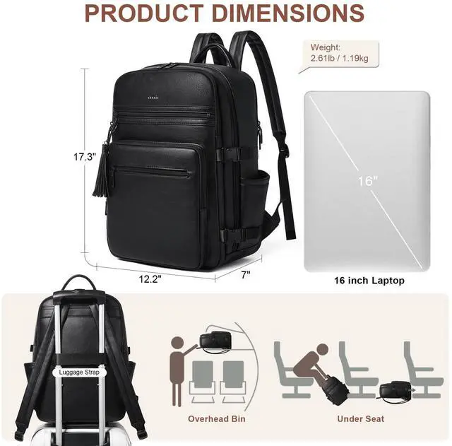 Alt view image 5 of 5 - Shrrie Laptop Backpack for Women,Vegan Leather Backpack Work Computer Backpacks fits 16" Laptop,Water Resistant Teacher Nurse Casual Daypack for Weekender Camping Travel,Two-toned Black
