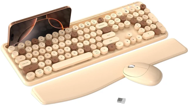 Main image of Wireless Keyboard and Mouse Combo with Phone Holder (Milk Tea)