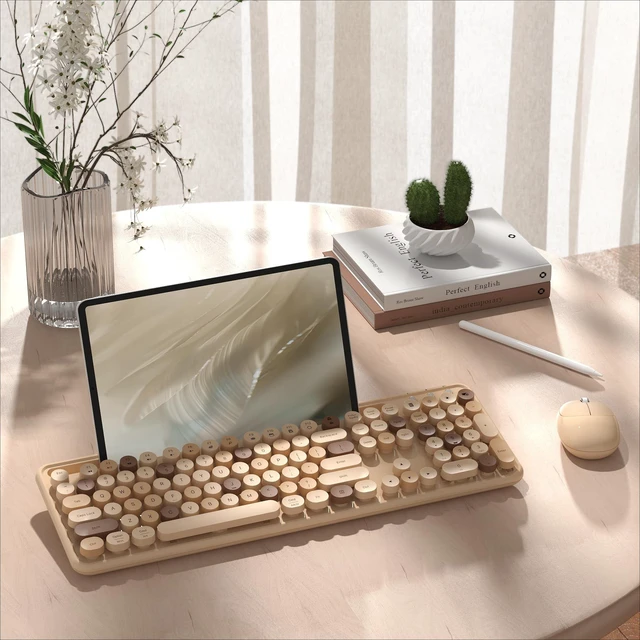 Alt view image 2 of 5 - Wireless Keyboard and Mouse Combo with Phone Holder (Milk Tea)