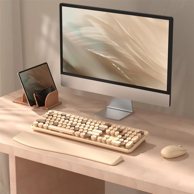 Alt view image 3 of 5 - Wireless Keyboard and Mouse Combo with Phone Holder (Milk Tea)