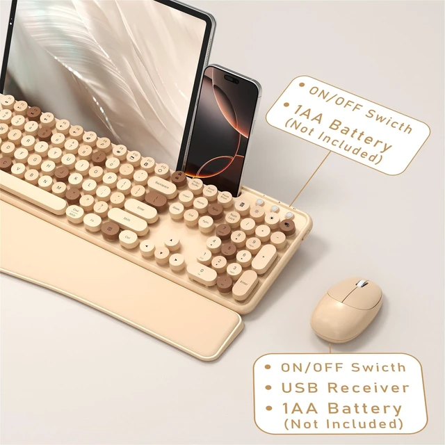 Alt view image 5 of 5 - Wireless Keyboard and Mouse Combo with Phone Holder (Milk Tea)