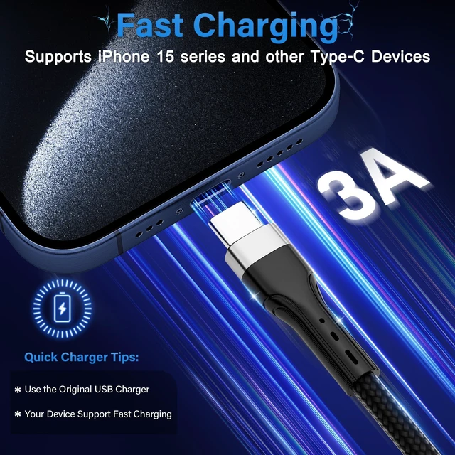 Alt view image 2 of 5 - USB Type C Cable (8FT, 10 Pack), USB C to USB-C 3A Fast Charging Cord, Bulk