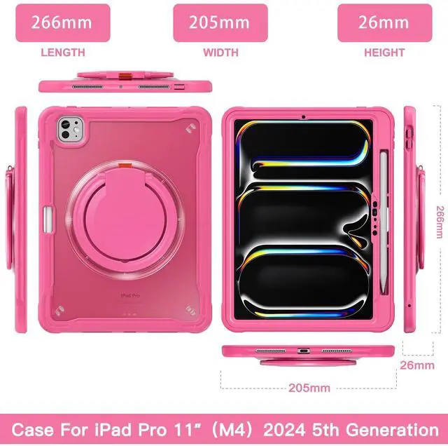 Alt view image 2 of 5 - Batianda for iPad Pro 11 inch Case 2025 M5 2024 M4 Chip Lightweight Dual-Layer Protective Tablet Cover, Durable Shock-Absorbing Corners with 360 Rotating Kickstand Ring Built-in Pen Slot, Pink