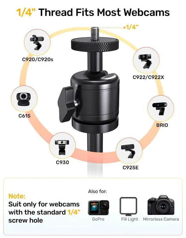 Alt view image 4 of 5 - Upgraded Webcam Stand for Desk, Telescopic Webcam Tripod Mount with Ball Head, Compatible with Logitech Camera C922 C930e C920S C920 C615 C960 C920x BRIO 4K NexiGo N60, Phone Holder with 1/4" T