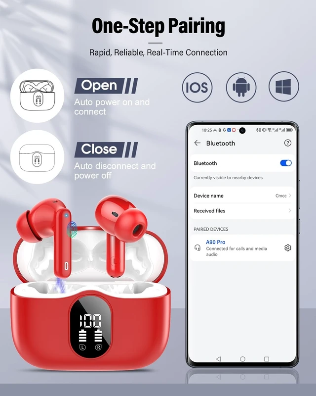 Alt view image 5 of 5 - Wireless Earbuds, Bluetooth 5.4 Headphones Bass Stereo/Clear Calls, Red