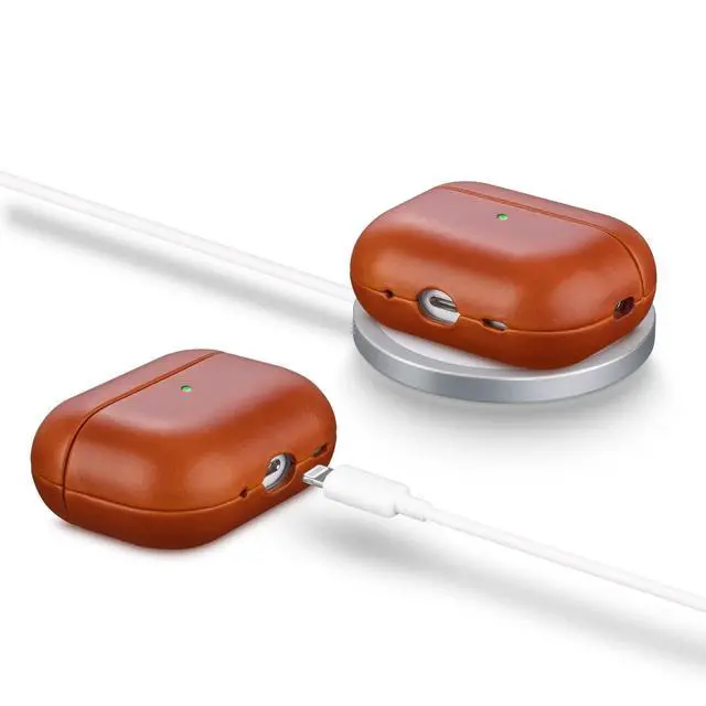 Alt view image 3 of 5 - Maogoam for AirPods Pro 2 Leather Case Cover with Button, Genuine Crystal Vegetable Tanned Oil Wax Leather Case for AirPods Pro 2nd Generation, Elegant Style, Front LED Visible, Or