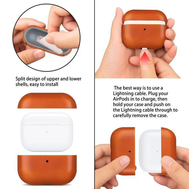 Alt view image 4 of 5 - Maogoam for AirPods Pro 2 Leather Case Cover with Button, Genuine Crystal Vegetable Tanned Oil Wax Leather Case for AirPods Pro 2nd Generation, Elegant Style, Front LED Visible, Or