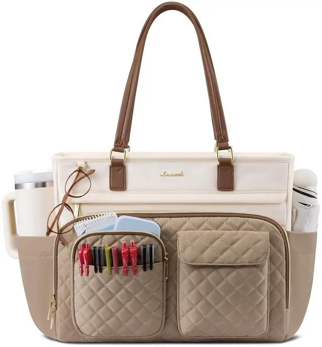 Main image of LOVEVOOK Tote Bag, Work Bags for Women with Large Cup Holder, Large Capacity Teacher Tote with Multi Pockets, Nurse Diaper Tote with Padded Laptop Compartment, 17.3 Inch Khaki Beige