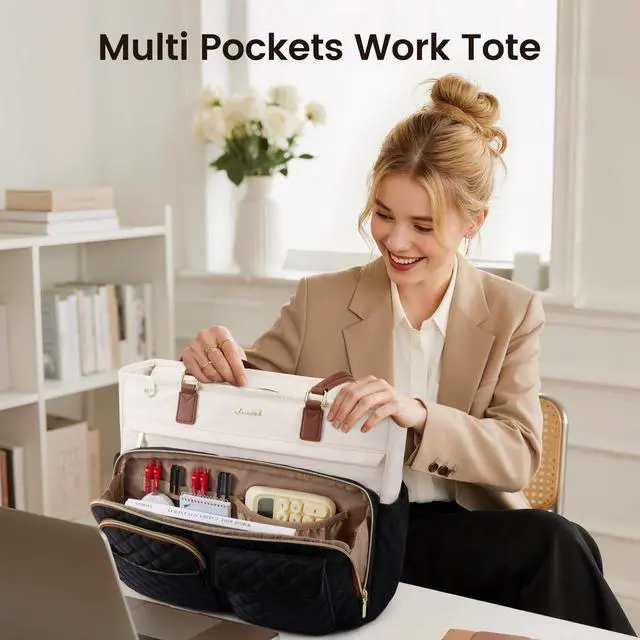 Alt view image 2 of 5 - LOVEVOOK Tote Bag, Work Bags for Women with Large Cup Holder, Large Capacity Teacher Tote with Multi Pockets, Nurse Diaper Tote with Padded Laptop Compartment, 17.3 Inch Khaki Beige