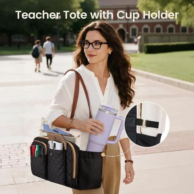 Alt view image 4 of 5 - LOVEVOOK Tote Bag, Work Bags for Women with Large Cup Holder, Large Capacity Teacher Tote with Multi Pockets, Nurse Diaper Tote with Padded Laptop Compartment, 17.3 Inch Khaki Beige
