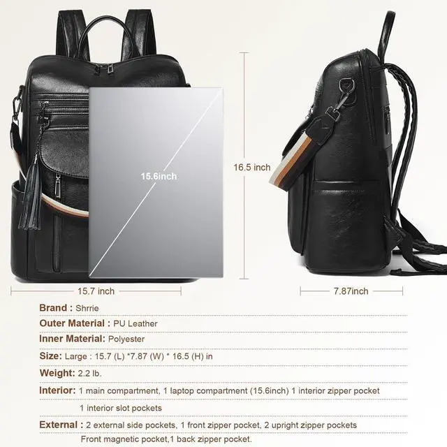 Alt view image 3 of 5 - Shrrie Laptop Backpack for Women 15.6 inch,Travel Leather Backpack Purse Nurse Teacher Carry on Backpack Computer Bag,Professional Water-Resistant College Business Work Casual Daypack,Black