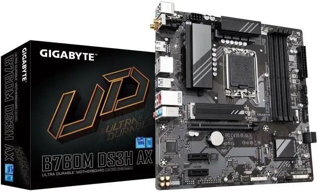 Main image of GIGABYTE B760M DS3H AX (LGA 1700/ Intel/ B760/ M-ATX/ DDR5/ 2* M.2/ PCIe 4.0/ USB 3.2 Gen 2 Type-C/WiFi 6E/ 2.5GbE LAN/Q-Flash Plus/PCIe EZ-Latch/Motherboard)
