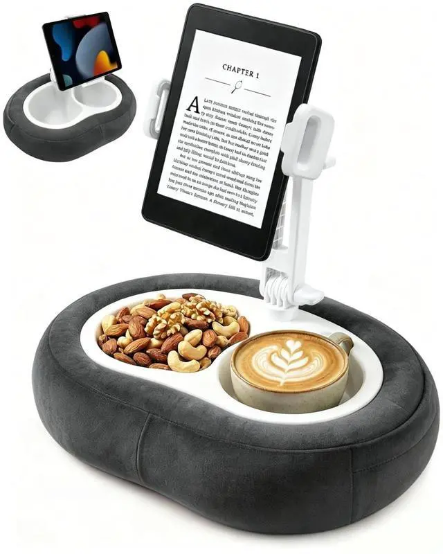 Main image of Miledi Tablet Pillow Stand, Compatible with 5"-12.9" Kindle, iPad, Phone/Tablet, 360 Rotating Phone Holder for Bed, Soft Plush Fabric, Detachable Bowl, Reading and Relaxation on Bed, Black