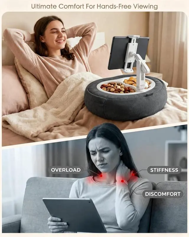 Alt view image 2 of 5 - Miledi Tablet Pillow Stand, Compatible with 5"-12.9" Kindle, iPad, Phone/Tablet, 360 Rotating Phone Holder for Bed, Soft Plush Fabric, Detachable Bowl, Reading and Relaxation on Bed, Black