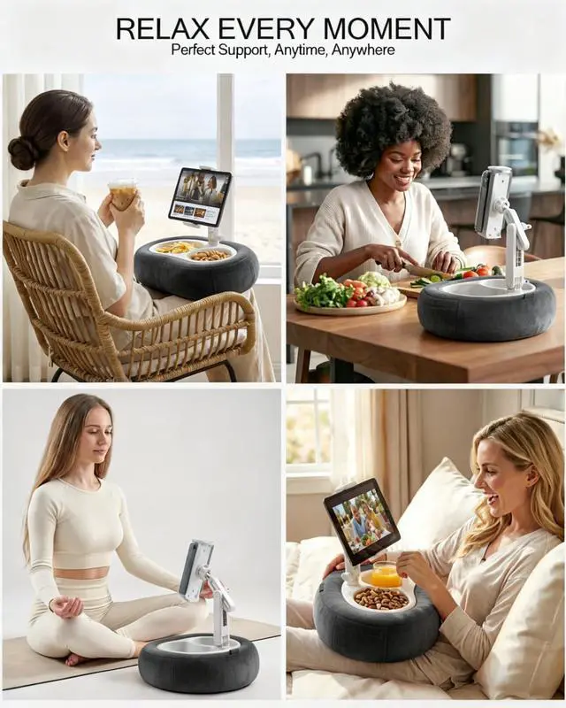 Alt view image 3 of 5 - Miledi Tablet Pillow Stand, Compatible with 5"-12.9" Kindle, iPad, Phone/Tablet, 360 Rotating Phone Holder for Bed, Soft Plush Fabric, Detachable Bowl, Reading and Relaxation on Bed, Black