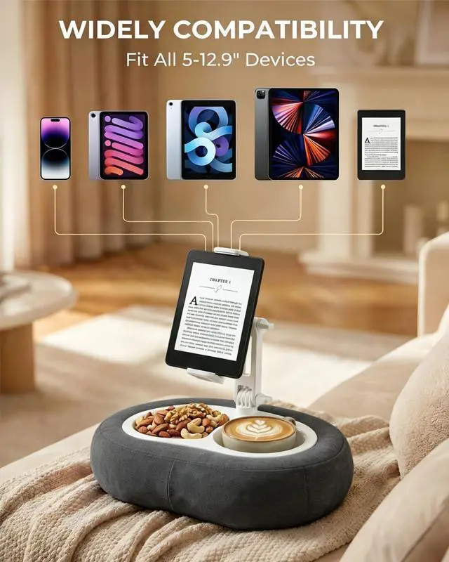 Alt view image 4 of 5 - Miledi Tablet Pillow Stand, Compatible with 5"-12.9" Kindle, iPad, Phone/Tablet, 360 Rotating Phone Holder for Bed, Soft Plush Fabric, Detachable Bowl, Reading and Relaxation on Bed, Black