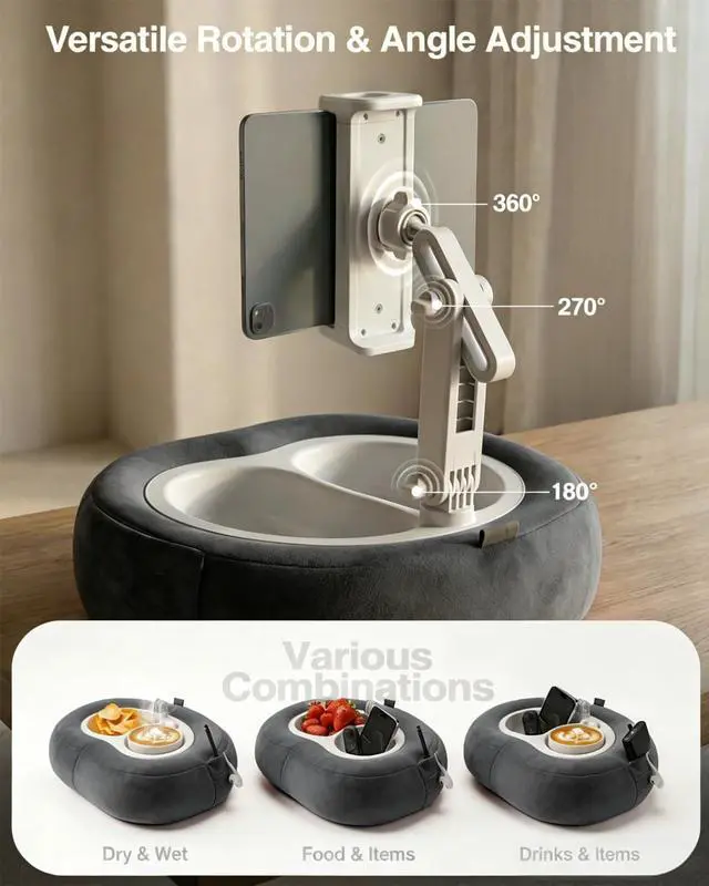 Alt view image 5 of 5 - Miledi Tablet Pillow Stand, Compatible with 5"-12.9" Kindle, iPad, Phone/Tablet, 360 Rotating Phone Holder for Bed, Soft Plush Fabric, Detachable Bowl, Reading and Relaxation on Bed, Black