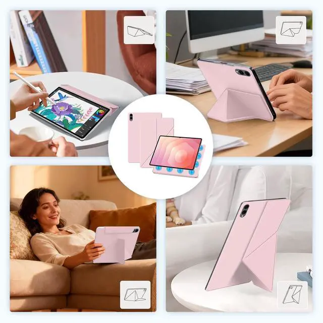 Alt view image 5 of 5 - Case for Galaxy Tab S11 Ultra 14.6 Inch,HUKWIMO Detachable Dual-Side Magnetic Cover with Fold Stand Slim Lightweight Auto Sleep/Wake, Shockproof PU Leather Smart Folio,Multi-Angle Viewing,Pink
