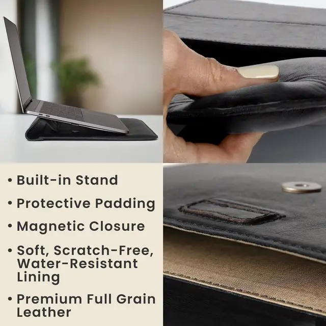 Alt view image 2 of 5 - DAREhue 13" 14" 15" 16" Genuine Full Grain Leather Laptop Sleeve with Built-in Stand & Padding (Fits MacBook Air/Pro & Other 13.3/13.6/14.2/15.6 inch Laptops) (Black, 13 - 14)