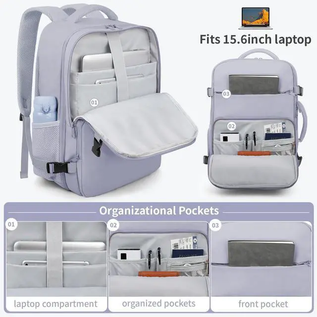 Alt view image 4 of 5 - ZOMFELT Travel Backpack for Women Men, Carry On Backpack, TSA 15.6inch Laptop Backpack Flight Approved, Personal Item Travel Bag Nurse Bag Casual Daypack for School Weekender Business Trip, Purple
