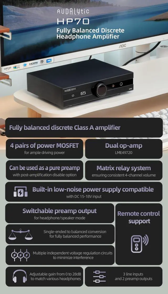 Alt view image 2 of 5 - Gustard AUDALYTIC HP70 Fully Balanced Discrete Headphone Amplifer - Class A Amplifier LME49720 Dual op-amp Preamp 3 line inputs and 2 preamp outputs Remote Control Support (Black)