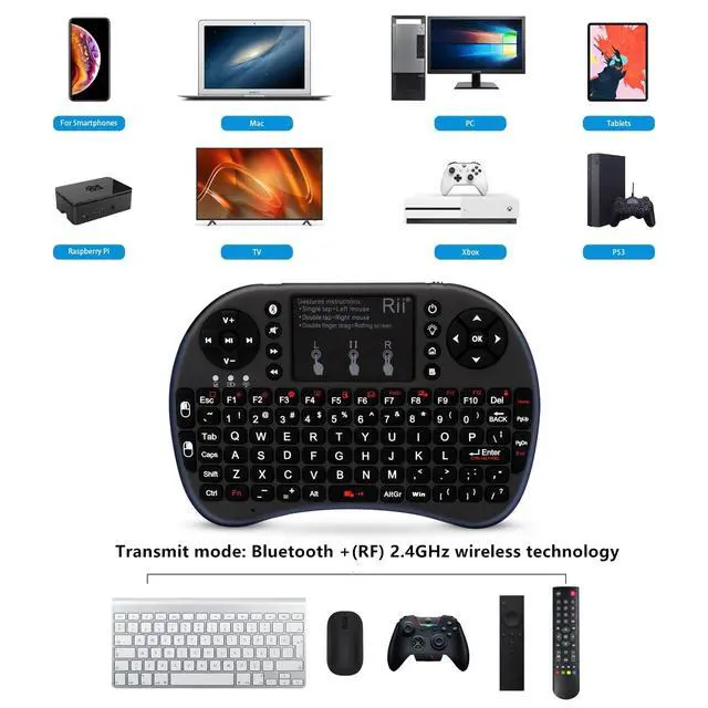 Alt view image 2 of 5 - Rii Mini Wireless Bluetooth Keyboard with Touchpad, Support Bluetooth +(RF) 2.4GHz Wireless Connection for Smartphones, PC, Tablet, Laptop TV Box iOS Android Windows Mac.Black