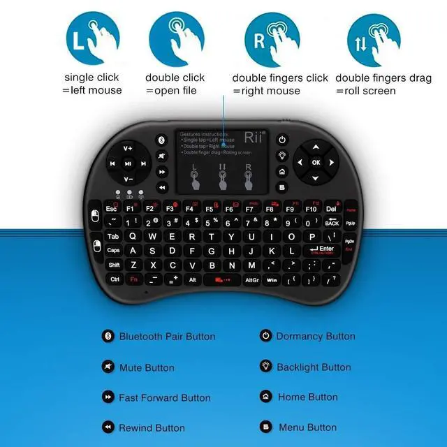 Alt view image 3 of 5 - Rii Mini Wireless Bluetooth Keyboard with Touchpad, Support Bluetooth +(RF) 2.4GHz Wireless Connection for Smartphones, PC, Tablet, Laptop TV Box iOS Android Windows Mac.Black