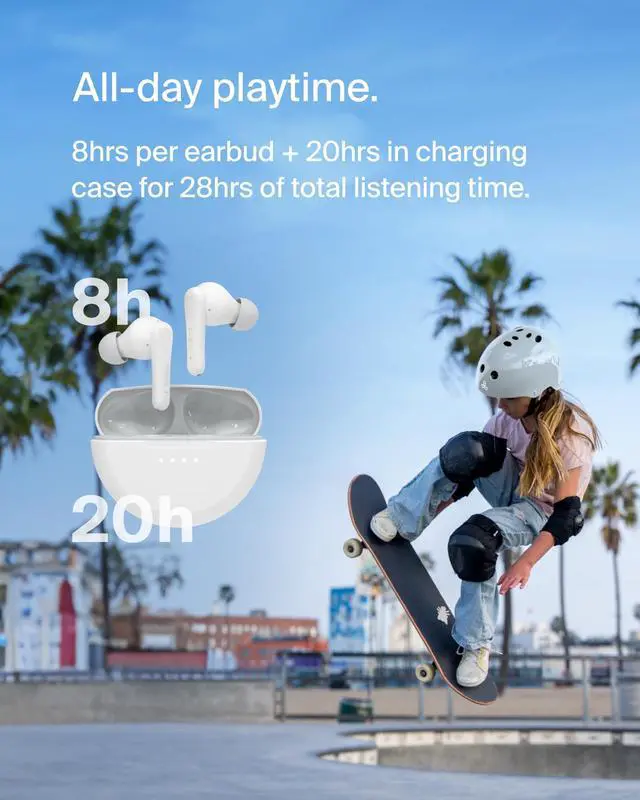 Alt view image 2 of 5 - Belkin SoundForm Nano 2 Bluetooth Earbuds for Kids with Built-in Microphone, 28H Battery Life, Safe 85dB Volume, IPX5 Water Resistance - Kids Bluetooth Earbuds for iPhone, iPad, Galaxy, & More - White