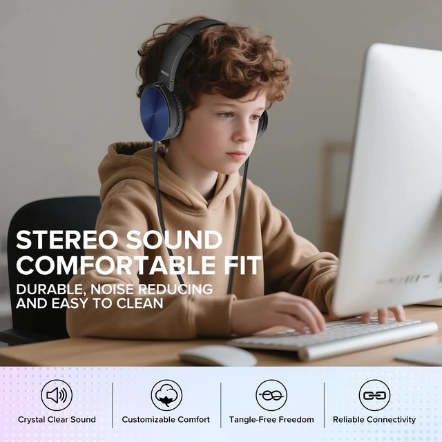 Alt view image 5 of 5 - MKDTNJT Kids Headphones Bulk 5 Pack Mixed Colors,On-Ear Premium Student Bulk Headphones,Comfy Swivel Earphones for Classroom School Library Airplane,Noise Stereo Sound 3.5mm Jack(HTC004)