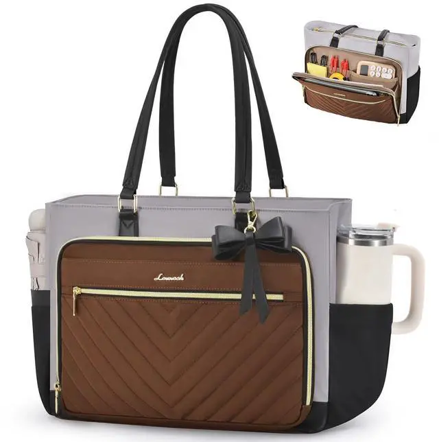 Main image of LOVEVOOK 17 Inch Laptop Tote Bag for Women, Work Bag for Nurse with Large Cup Holder, Nurse Diaper Bag for Travel, Computer Women's handbags for Teacher gift, Brown-gray-black