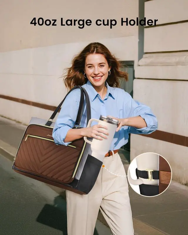 Alt view image 3 of 5 - LOVEVOOK 17 Inch Laptop Tote Bag for Women, Work Bag for Nurse with Large Cup Holder, Nurse Diaper Bag for Travel, Computer Women's handbags for Teacher gift, Brown-gray-black