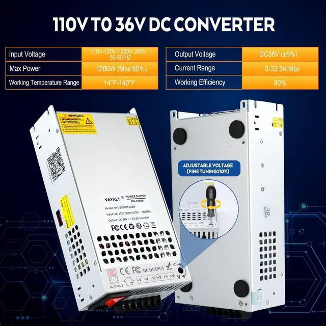 Alt view image 3 of 5 - VAYALT DC 36V 33.3A 1200W Switching Power Supply, 110V/220 V AC to DC Converter, Universal Regulated Switching, 36V Power Supply for CCTV Camera System,3D Printer,Led Strip,Computer Project