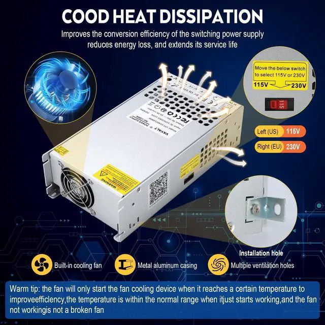 Alt view image 4 of 5 - VAYALT DC 36V 33.3A 1200W Switching Power Supply, 110V/220 V AC to DC Converter, Universal Regulated Switching, 36V Power Supply for CCTV Camera System,3D Printer,Led Strip,Computer Project