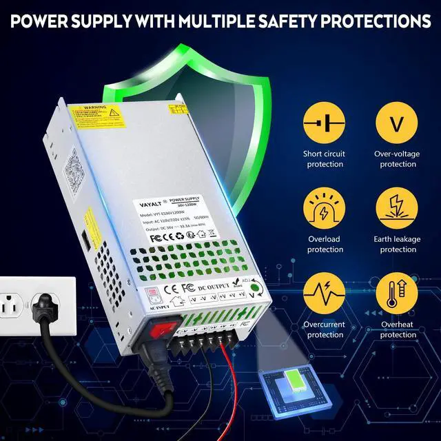 Alt view image 5 of 5 - VAYALT DC 36V 33.3A 1200W Switching Power Supply, 110V/220 V AC to DC Converter, Universal Regulated Switching, 36V Power Supply for CCTV Camera System,3D Printer,Led Strip,Computer Project
