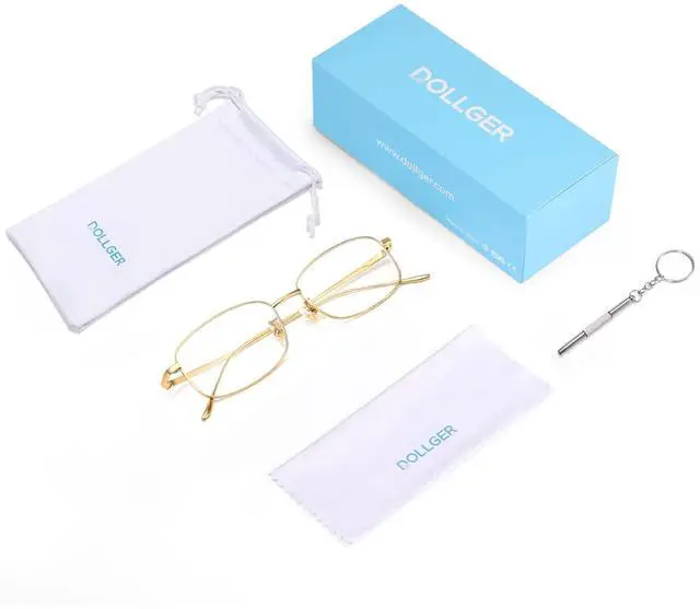 Alt view image 5 of 5 - Dollger Titanium Blue Light Blocking Glasses for Men & Women, Retro Small Rectangle Square Frame, Lightweight Non-Prescription Computer Eyewear Gold
