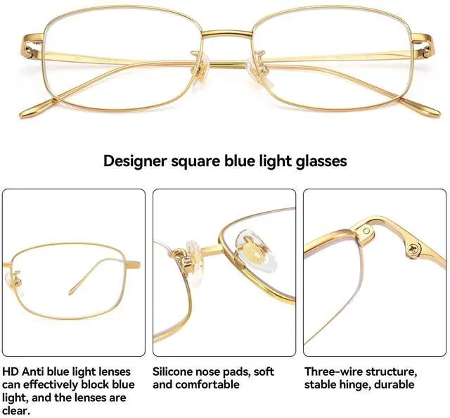 Alt view image 3 of 5 - Dollger Titanium Blue Light Blocking Glasses for Men & Women, Retro Small Rectangle Square Frame, Lightweight Non-Prescription Computer Eyewear Gold