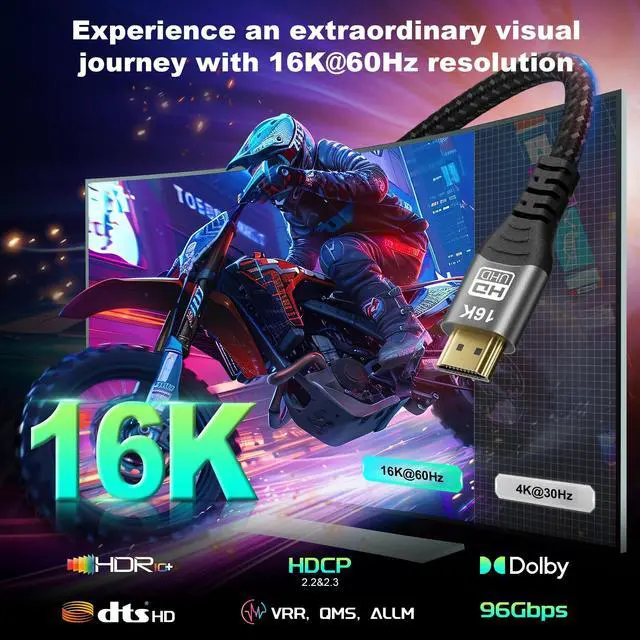 Alt view image 3 of 5 - MOPOCHG 16K 10K 8K HDMI 2.2 Cable 6.6FT, 96Gbps Ultra High Speed HDMI Braided Cord, Support 16K@30Hz 8K@60Hz 4K@120Hz HDCP 2.2&2.3, Dynamic HDR,eARC,DTS:X, for Roku TV/HDTV/PS5/Xbox/Blu-ray