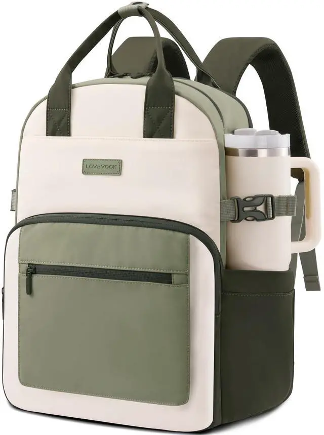 Main image of LOVEVOOK Laptop Backpack for Women - Stylish Work Backpack with Large Cup Holder, Waterproof College Teacher Backpack, Green, 17Inch