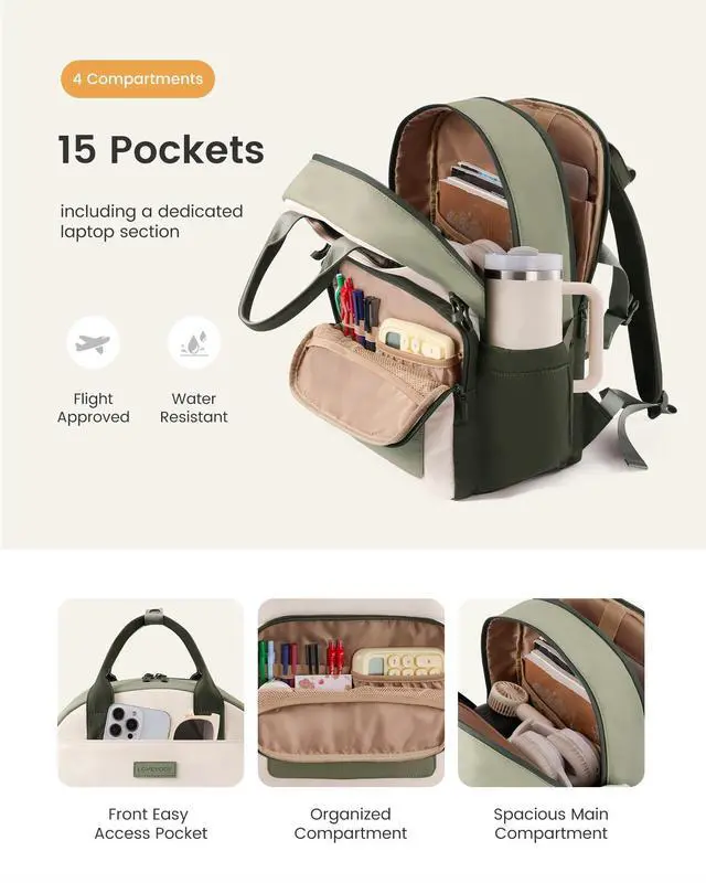 Alt view image 4 of 5 - LOVEVOOK Laptop Backpack for Women - Stylish Work Backpack with Large Cup Holder, Waterproof College Teacher Backpack, Green, 17Inch
