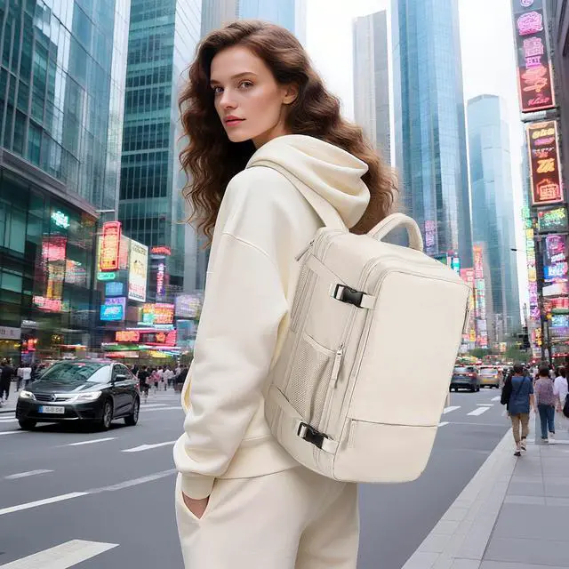 Alt view image 2 of 5 - Hanples Travel Backpack for Women Men Large Carry On Person Item Flight Approved 17 In Laptop Backpack Waterproof anti theft Casual Luggage with 2 Toiletry Bag(Beige)