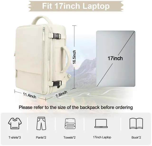 Alt view image 4 of 5 - Hanples Travel Backpack for Women Men Large Carry On Person Item Flight Approved 17 In Laptop Backpack Waterproof anti theft Casual Luggage with 2 Toiletry Bag(Beige)