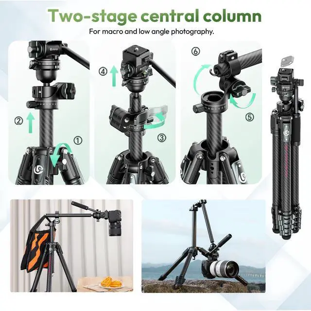 Alt view image 2 of 5 - ULANZI JJ06 GlideGo Carbon Fiber Video Tripod, Dual 360 Pan Head, 73.6 inch Max Height, 11 lb Load, UKA Quick Release, Professional Portable Lightweight Travel Tripod with Bag
