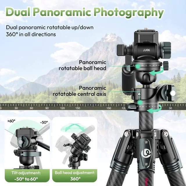 Alt view image 3 of 5 - ULANZI JJ06 GlideGo Carbon Fiber Video Tripod, Dual 360 Pan Head, 73.6 inch Max Height, 11 lb Load, UKA Quick Release, Professional Portable Lightweight Travel Tripod with Bag