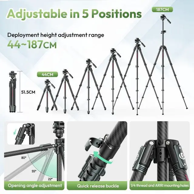 Alt view image 5 of 5 - ULANZI JJ06 GlideGo Carbon Fiber Video Tripod, Dual 360 Pan Head, 73.6 inch Max Height, 11 lb Load, UKA Quick Release, Professional Portable Lightweight Travel Tripod with Bag