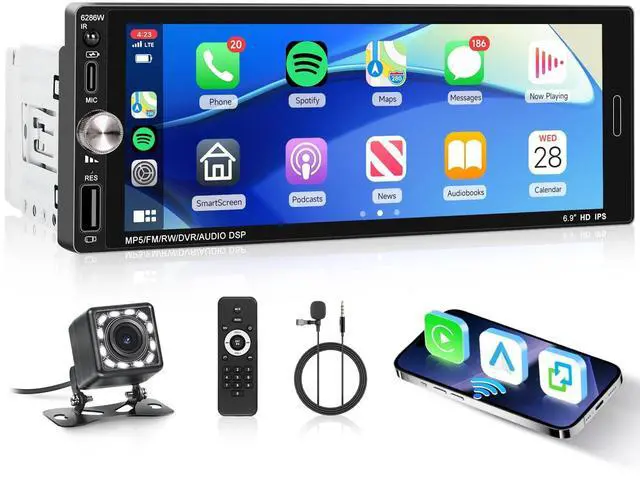 Main image of Single Din Car Stereo with Wireless CarPlay Android Auto Mirror Link, Driauto Car Radio Bluetooth Handsfree Headunit 6.9 Inch 1 Din IPS Touch Screen FM Type-C USB Charging EQ SWC with Reverse C