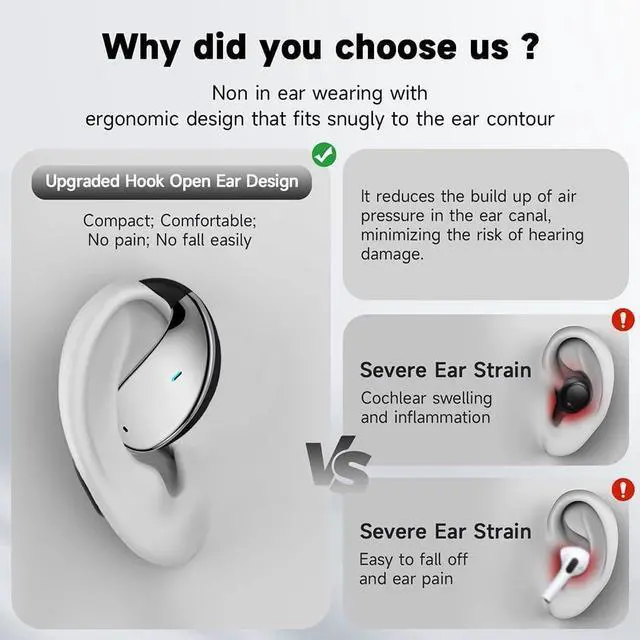 Alt view image 4 of 5 - sixco Open Ear Wireless Bluetooth Headphones, Pain-Free Air Conduction Ear Buds with LED Digital Display Charging Case, Sweat Resistant for Running, Safe Driving, and Extended Daily Use (Gray)