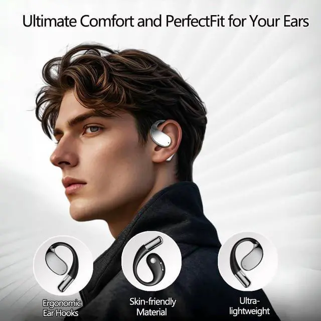 Alt view image 5 of 5 - sixco Open Ear Wireless Bluetooth Headphones, Pain-Free Air Conduction Ear Buds with LED Digital Display Charging Case, Sweat Resistant for Running, Safe Driving, and Extended Daily Use (Gray)